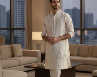 Handmade Off White Kurta Pajama Set | Embroidered Work