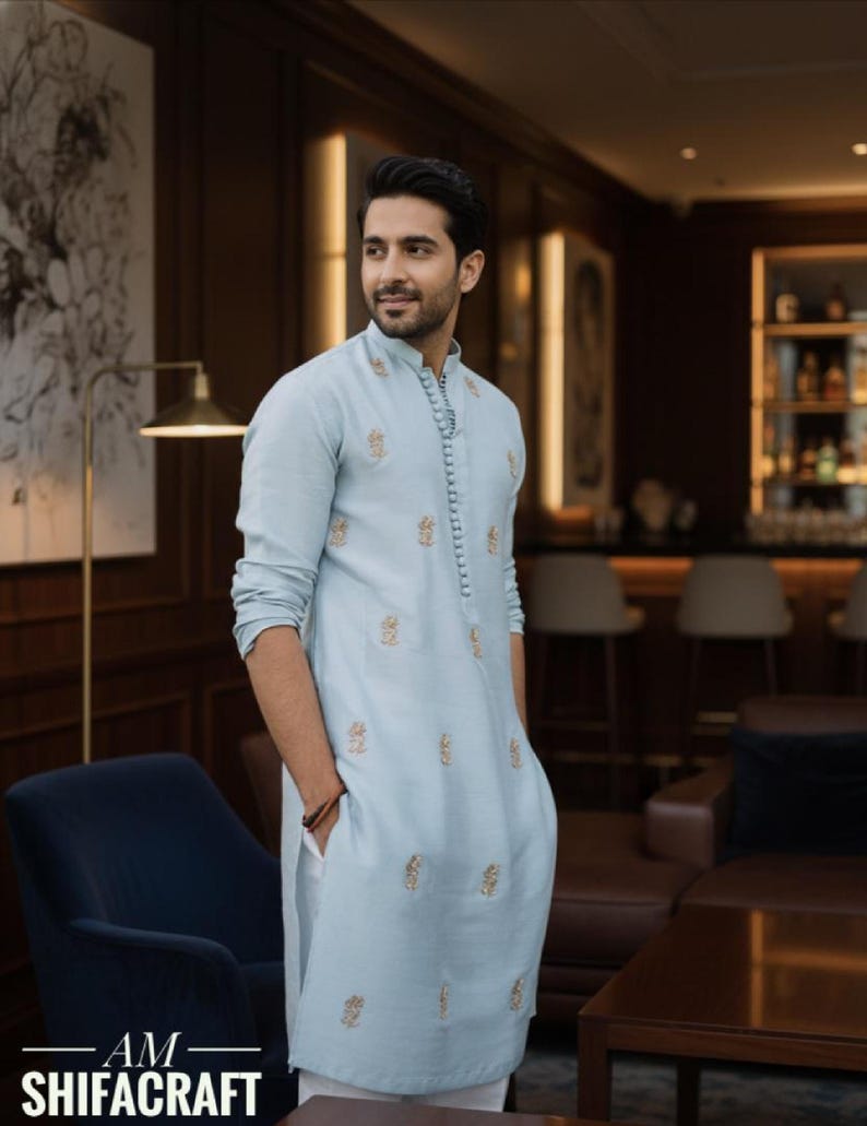 Conjunto Kurta Pajama masculino étnico para todas as ocasiões | Kurta azul com bordado Buti imagem 2