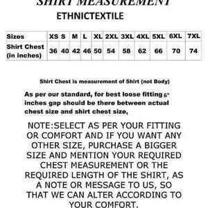 May include: Shirt measurement chart from Ethnic Textile. Sizes range from XS to 7XL, with chest measurements in inches. Includes a note about selecting the right size for comfort and how to request custom sizing.