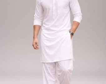 Men's Pure White Cotton Shalwar Kameez | Elegant Designer kurta | Minimalist Pakistani EID Outfit
