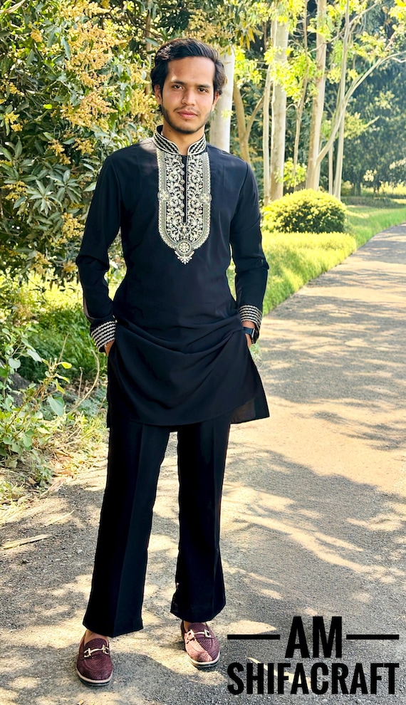 Men's Black Silk kurta Pajama Set |Embroidery work- Indian Wedding