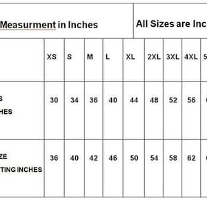 May include: A white chart titled "Mens Kurta Measurement in Inches" with size measurements from XS to 7XL. The chart shows chest sizes from 30 to 68 inches and shirt chest sizes with loose fitting from 36 to 74 inches.