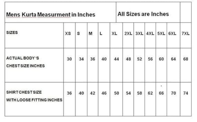 May include: A white chart titled "Mens Kurta Measurement in Inches" with size measurements from XS to 7XL. The chart shows chest sizes from 30 to 68 inches and shirt chest sizes with loose fitting from 36 to 74 inches.