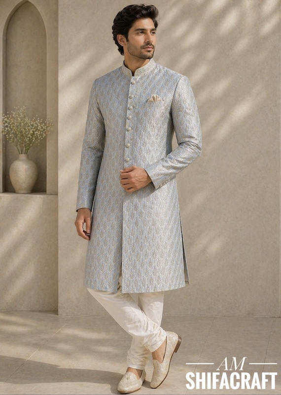 Designer Pastel Blue Men's Sherwani | Embroidered Silk Indowestern Kurta Set | Traditional Indian Groom Outfit |