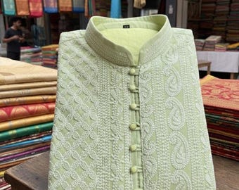 Kurta Pajama Set Mint Green Silk: Handmade Chikankari Embroidered Mirror Work