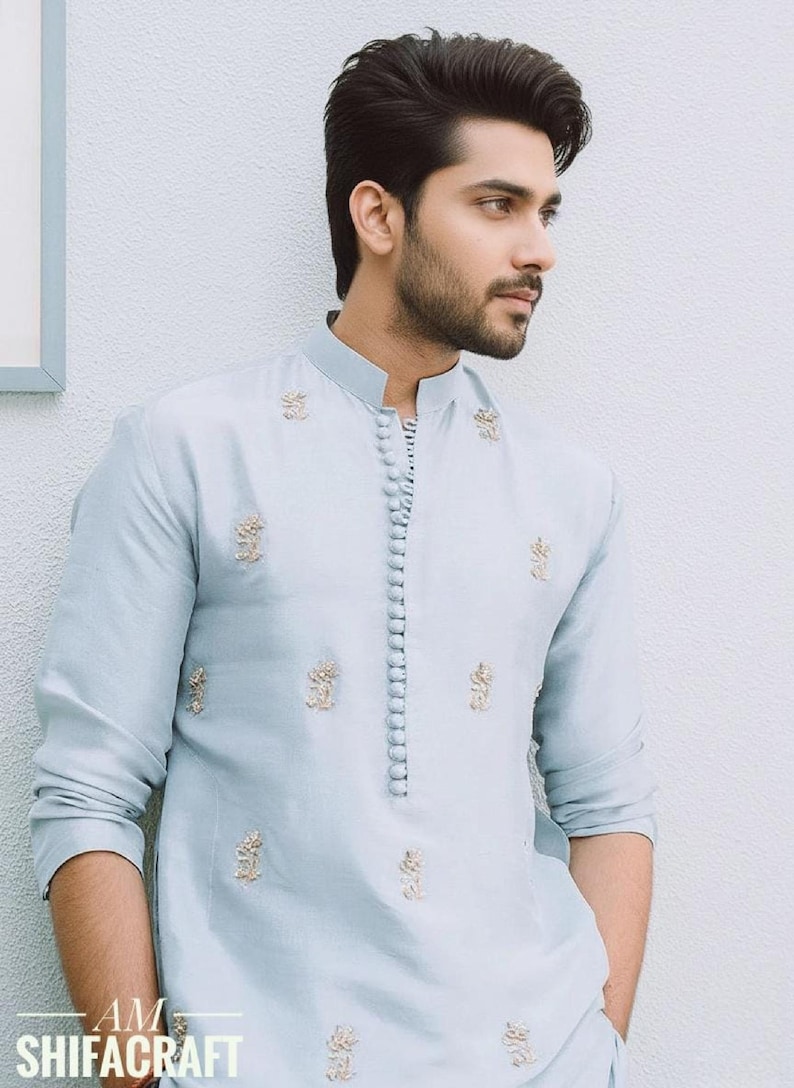 Conjunto Kurta Pajama masculino étnico para todas as ocasiões | Kurta azul com bordado Buti imagem 3