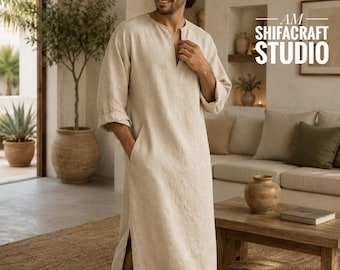 Herren Beige Leinen Kaftan Robe | Sommer Jubba | Minimalistische Islamische Thobe