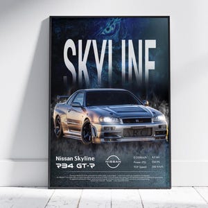 May include: A framed poster showing a silver Nissan Skyline R34 GT-R car. The word "SKYLINE" is in large white letters above the car. The poster includes performance specs and the Nissan logo. The background has a blue and black gradient. Speed: 266 km/h.