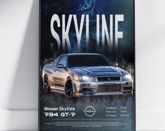 Op de afbeelding: Een ingelijste poster met een zilverkleurige Nissan Skyline R34 GT-R. Het woord "SKYLINE" staat in grote witte letters boven de auto. De poster bevat prestatiespecificaties en het Nissan-logo. Topsnelheid: 266 km/h.