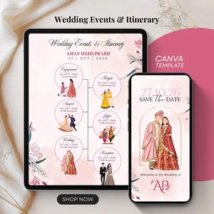 Può includere: Un modello digitale Canva per eventi e itinerari di matrimonio visualizzato su un tablet e uno smartphone. Il design presenta delicati accenti color acquerello rosa, illustrazioni di coppie in abiti tradizionali e il testo Wedding Events & Itinerary.