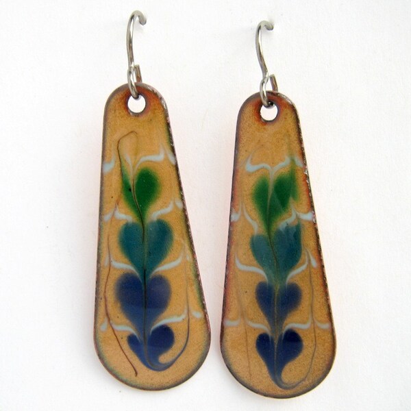 Copper enamel earrings- golden, blue and green dangles on titanium earring hooks