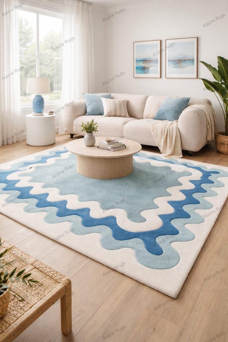Hand Tufted Wool Area Rug, Modern Abstract Blue Ivory Wave Carpet ...