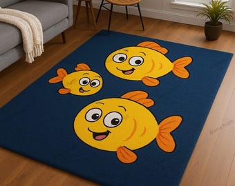 Hand-Tufted Cartoon Fish Area Rug, Kids Playroom Carpet, Nursery Decor, Marine Theme Floor Mat
