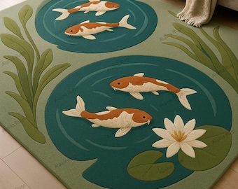 Koi Fish Pond Area Rug – Japanese Zen Lotus Flower Carpet