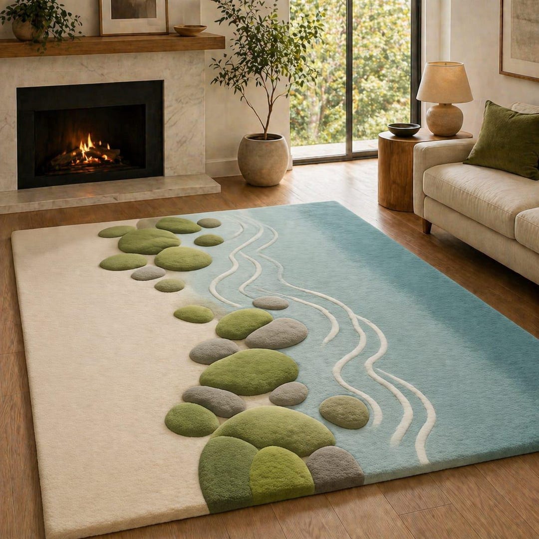 Modern Nature Inspired Hand Tufted Rug With River Flow Design, Pebble ...