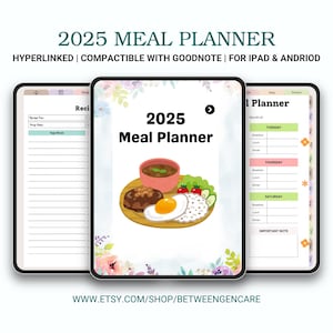 2025 Digital Meal Planner | Weekly & Monthly Meal Planning Printable | Grocery List | Healthy Eating Tracker | PDF Download
