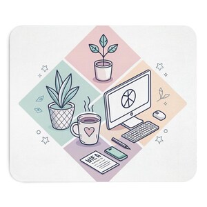 Mauspad Pastell Desk Setup | Mousepad mit Kaffee & Pflanze Illustration | Geburtstagsgeschenk