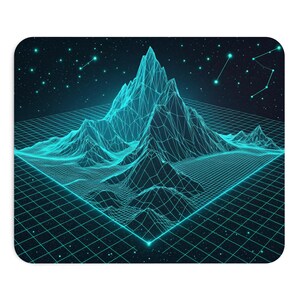 May include: A rectangular mouse pad featuring a digital wireframe mountain landscape in cyan against a dark navy blue background. The design includes a glowing grid base and a starry night sky with connected constellation points in the upper section.