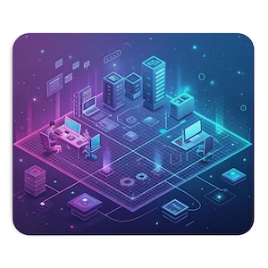 Può includere: Un tappetino per mouse rettangolare con un'illustrazione digitale isometrica di un data center futuristico. Il design mostra torri server, postazioni di lavoro informatiche e motivi a circuito luminosi in vivaci tonalità viola e ciano.