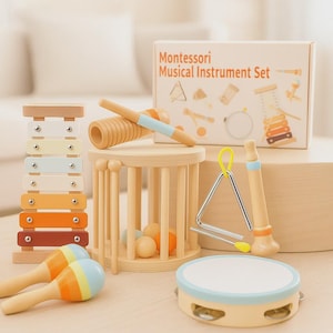 Set di strumenti musicali per neonati/bambini piccoli, giocattoli in legno, strumenti Montessori, set di percussioni con xilofono.