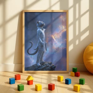May include: A framed art print featuring a cat-like figure in a white coat, standing on a rock formation against a cloudy sky. The artwork is in a wooden frame. Colorful wooden blocks are scattered on the floor.