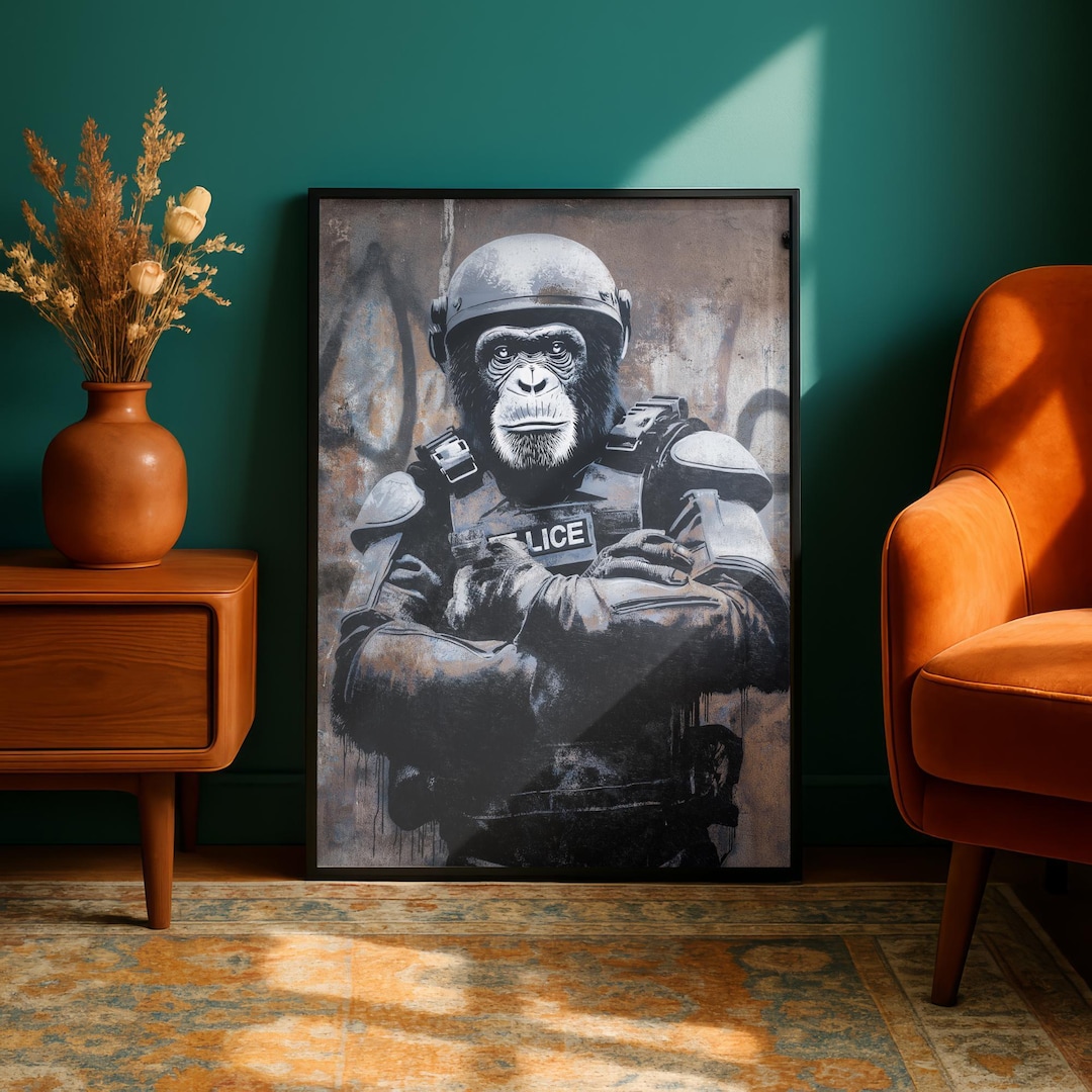 Banksy Style Chimp Riot Gear Poster, Anthropomorphic Monkey Street Art ...