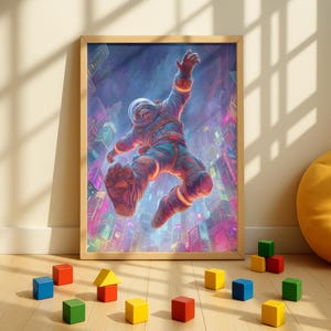 May include: A framed art print depicts an astronaut in a spacesuit leaping above a cityscape with vibrant neon lights. The artwork is in a wooden frame and is set against a light-colored wall. Colorful wooden blocks are scattered on the floor in front of the artwork.