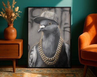 Banksy Inspired Pigeon with Gold Chain Poster, Urban Graffiti Animal Street Art
