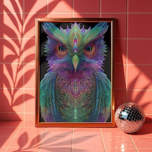 May include: A framed art print featuring a vibrant, psychedelic owl illustration. The owl is depicted with intricate details in shades of green, blue, purple, and orange. The artwork is set against a black background and framed in a copper-colored frame.