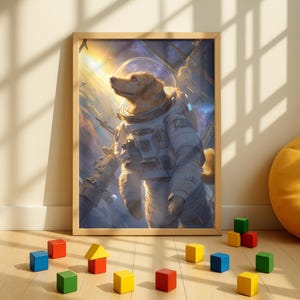 May include: A framed print featuring a golden retriever dog in an astronaut suit, set against a backdrop of space and a distant sun. The artwork is in a wooden frame and is displayed on a wooden floor with colorful toy blocks scattered around.