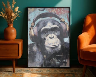 Banksy Style Monkey with Headphones Poster, Anthropomorphic Street Art Graffiti Decor