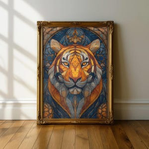 Ángel tigre de la perspicacia / Ángel animal en vitral / Arte mural gótico en ámbar