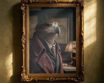 May include: A framed portrait of an eagle anthropomorphized in a suit and tie. The eagle is wearing a burgundy overcoat and a gray suit. The ornate gold frame is mounted on a textured, light-yellow wall.