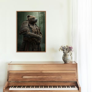 Bear Guardian of the Dojo - Samurai Bear Warrior Poster, Anthropomorphic Animal in Katana Armor, Japanese Bamboo Forest Wall Art Print