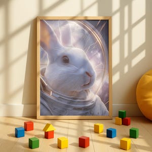 May include: A framed print featuring a white rabbit wearing an astronaut suit, set against a cosmic background. The artwork is in a wooden frame and is displayed on a wooden floor. Colorful wooden blocks are scattered around the frame.