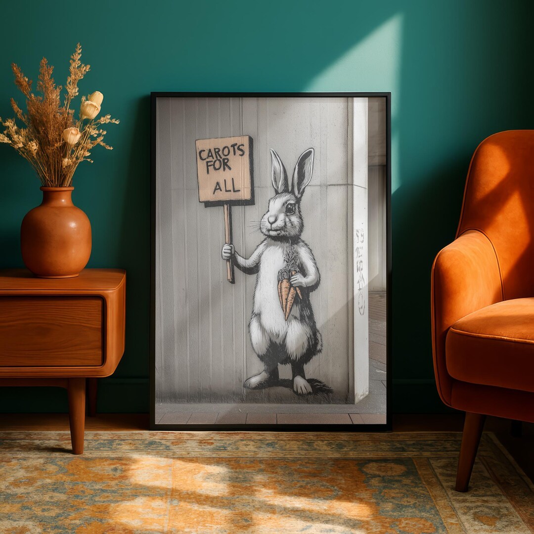Banksy Style Rabbit Protest Poster, Anthropomorphic Street Art Graffiti ...