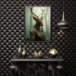 May include: A framed artwork depicts a deer-like figure in armor, set against a forest backdrop. The scene is complemented by a black and gold pendant light, decorative vases, and a geometric sculpture on a marble-topped console. The wall features a repeating triangular pattern.