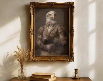 May include: A framed portrait of an eagle with a human body wearing a suit, bow tie, and boxing gloves. The ornate gold frame hangs on a cream-colored wall. A wooden table below holds books, a vase of dried flowers, and a candle holder.