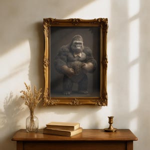 Könnte beinhalten: Ein gerahmtes Porträt eines Gorillas mit Fliege und Boxhandschuhen. Der verzierte goldene Rahmen hängt an einer cremefarbenen Wand. Ein Holztisch darunter enthält Bücher, eine Vase mit getrockneten Blumen und einen Messingkerzenhalter.