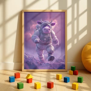 May include: A framed print featuring a purple cow astronaut in a spacesuit, walking on a purple planet. The artwork is in a wooden frame, and colorful wooden blocks are scattered on the wooden floor in front of it.