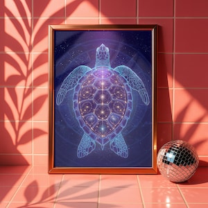 May include: A framed art print featuring a detailed, glowing turtle illustration in shades of blue and purple. The artwork has a celestial theme, with a geometric pattern on the turtle's shell. The frame is a warm gold color, and a disco ball sits nearby.