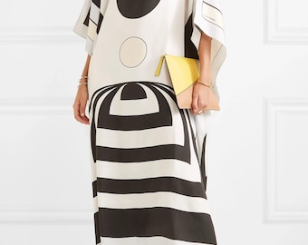 Hypnotic White Satin Silk Kaftan with Geometric Lines Minimal Luxe Loungewear for Women