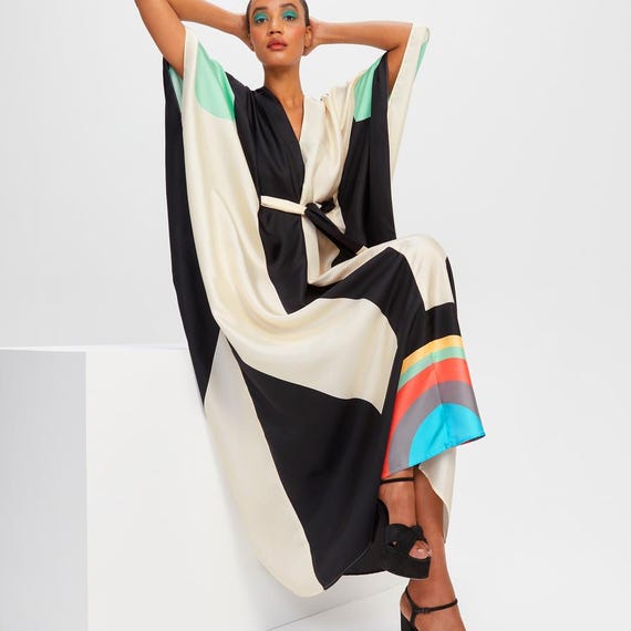 Mint Green Satin Silk Kaftan with Subtle Prints Boho Vacation Dress for Women