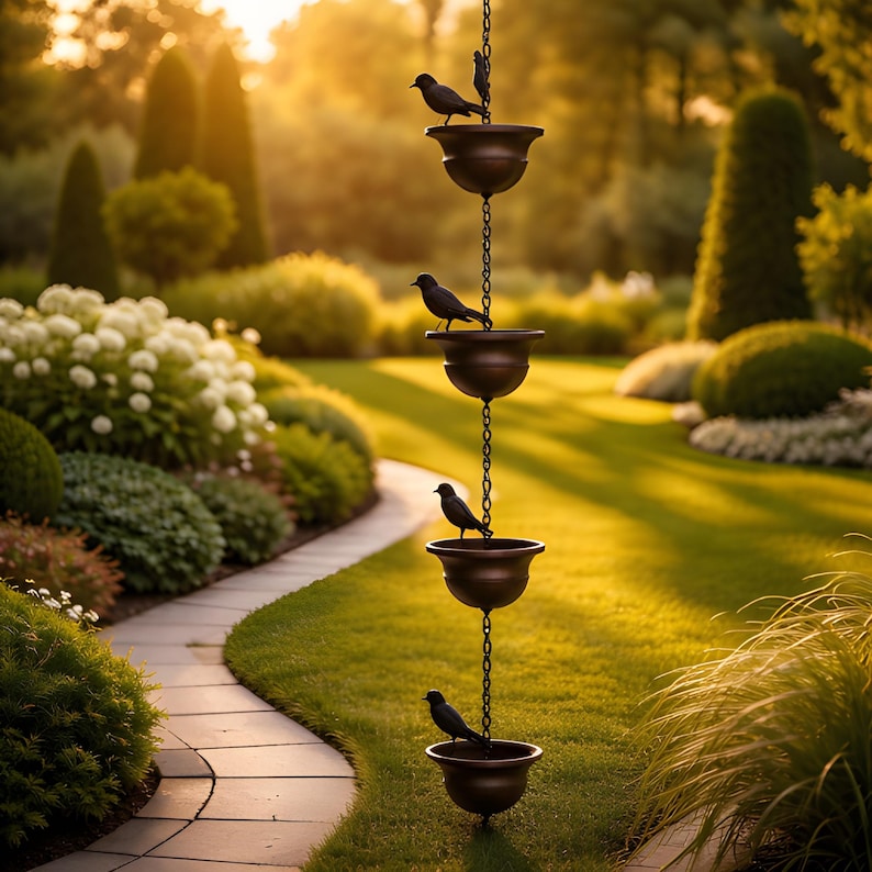 Water Chain Feature Bird Rain Chain Downspout | Metal Decorative Rain Chain | Garden Water ...