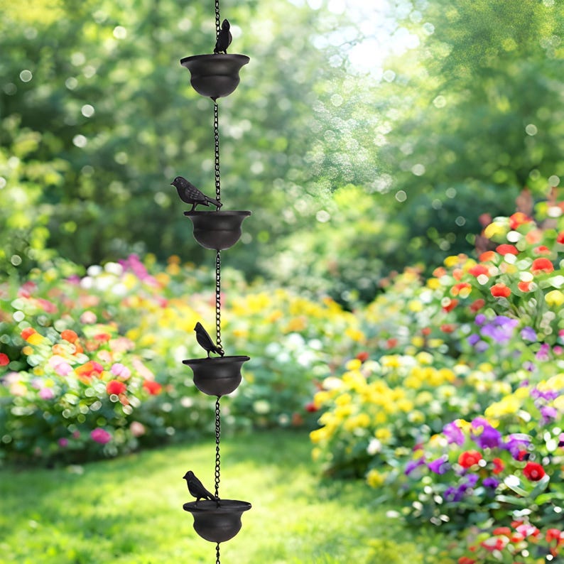 Water Chain Feature Bird Rain Chain Downspout | Metal Decorative Rain Chain | Garden Water ...