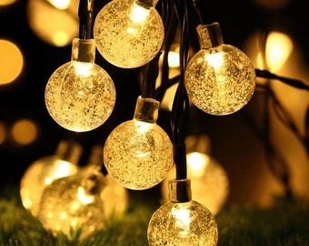 Guirnaldas de luces solares / Guirnaldas de luces LED solares con globos de cristal / Luces de hadas LED con bolas para jardín / Luces LED de exterior con bolas de cristal / Luz de jardín
