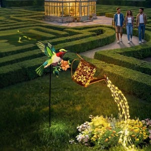 May include: A colorful hummingbird garden stake with a flower and a decorative watering can with a floral pattern. The watering can appears to be pouring out a stream of lights onto a flower bed. A maze and a greenhouse are in the background.