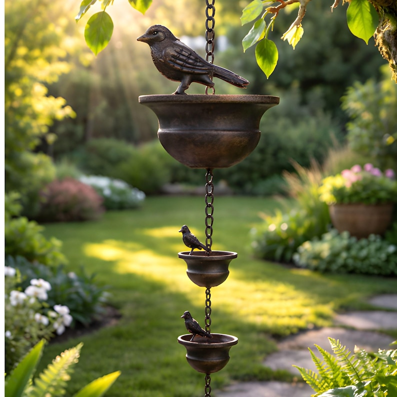 Water Chain Feature Bird Rain Chain Downspout | Metal Decorative Rain Chain | Garden Water ...