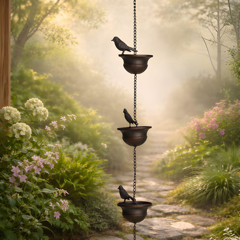 Water Chain Feature Bird Rain Chain Downspout | Metal Decorative Rain Chain | Garden Water ...