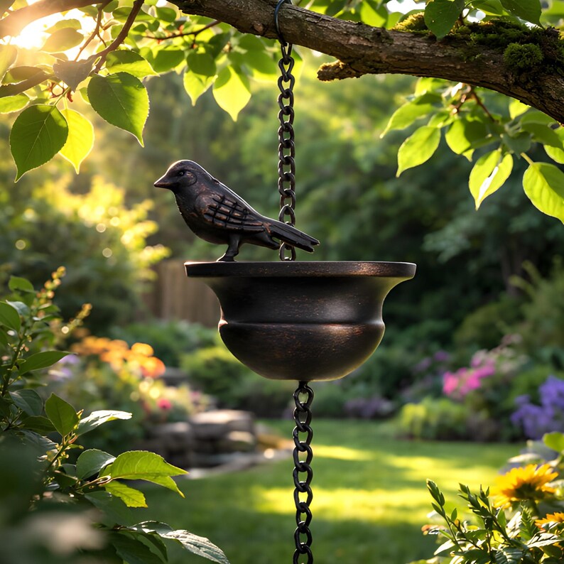 Water Chain Feature Bird Rain Chain Downspout | Metal Decorative Rain Chain | Garden Water ...